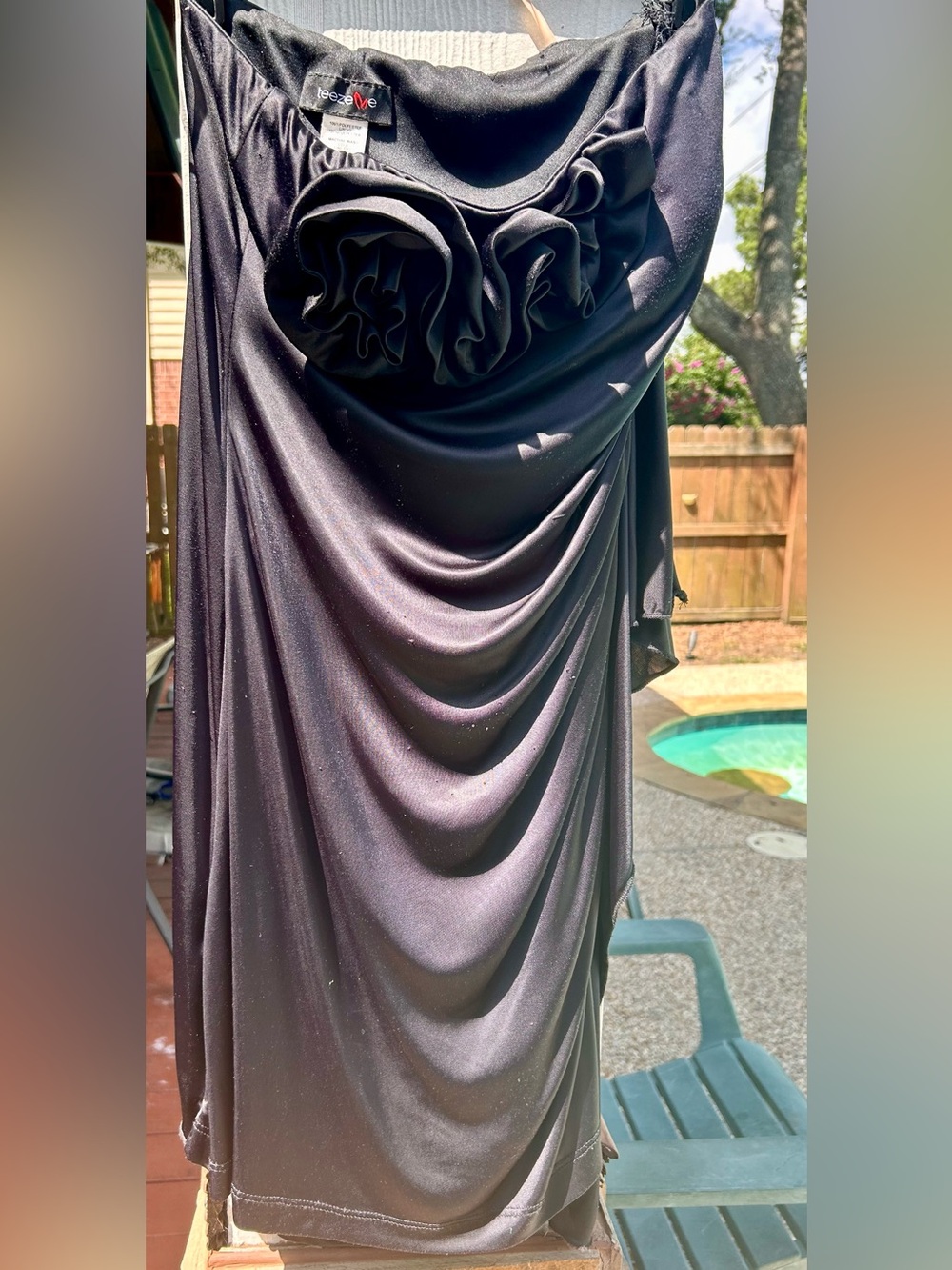 Teeze Me Strapless Black Draped Cocktail Dress with Rosette Detail